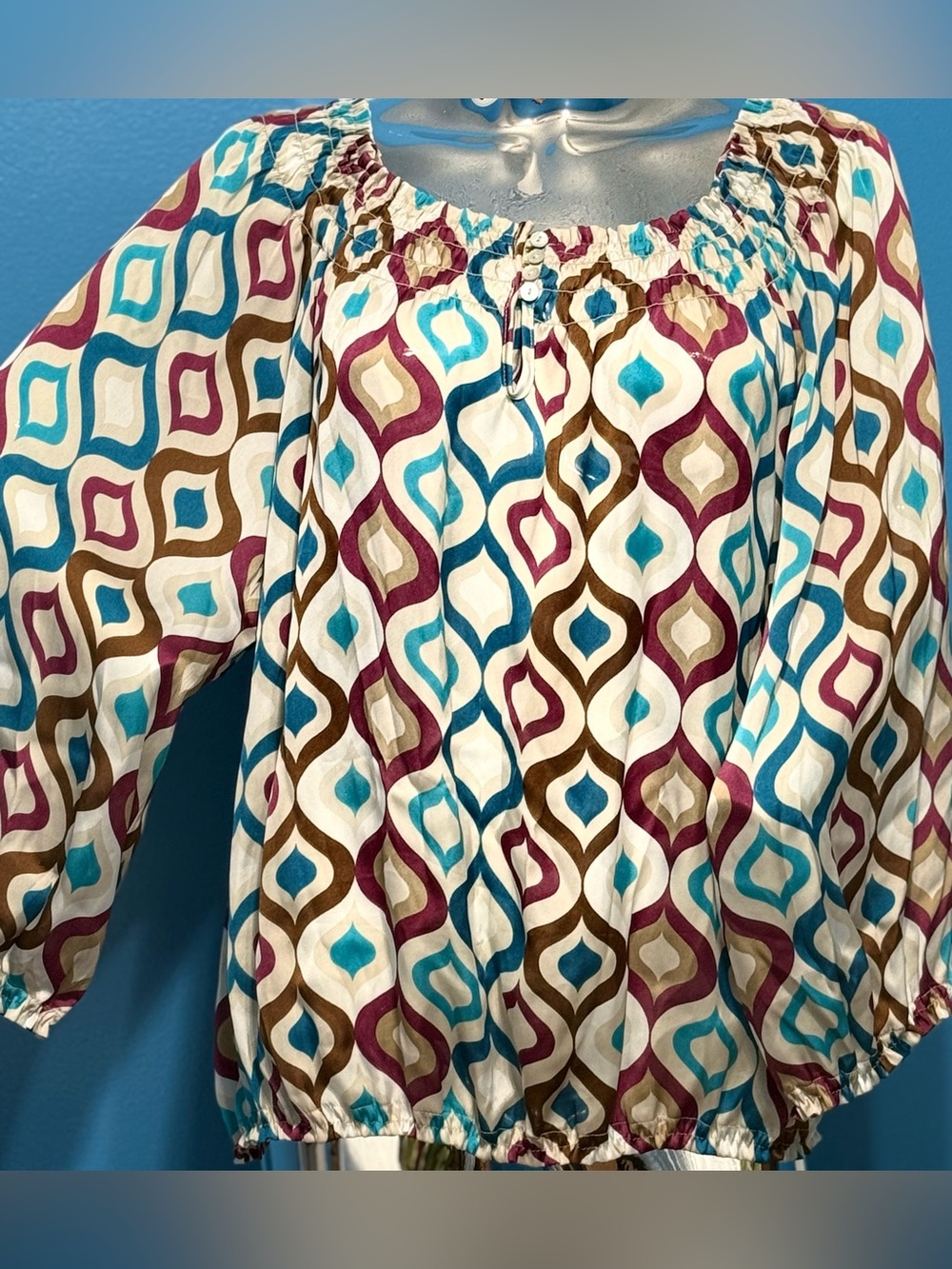 new directions Cream Geometric Peasant Blouse with Teal and Brown Accents